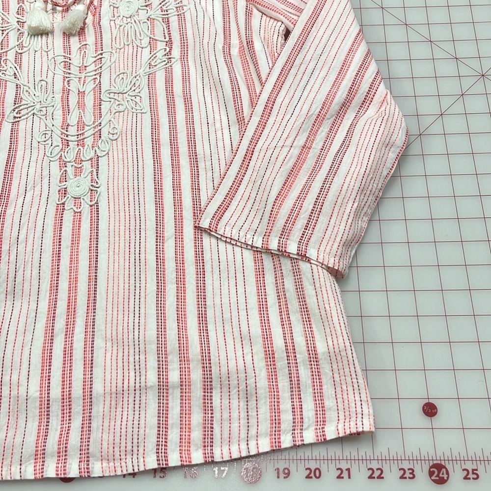 SOFT SURROUNDINGS Coastal Cottage Striped Embroidered Floral Tassel Tie Blouse M - Picture 11 of 16